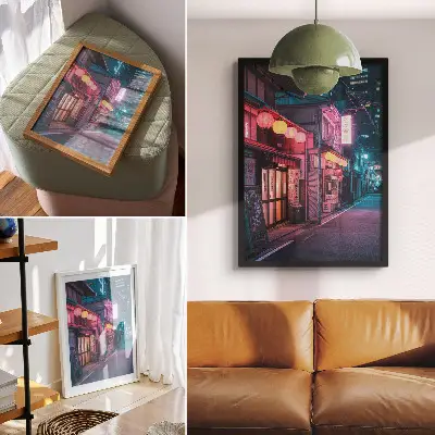 Stampa su tela lanterne al neon in un'affascinante scena notturna di strada cittadina