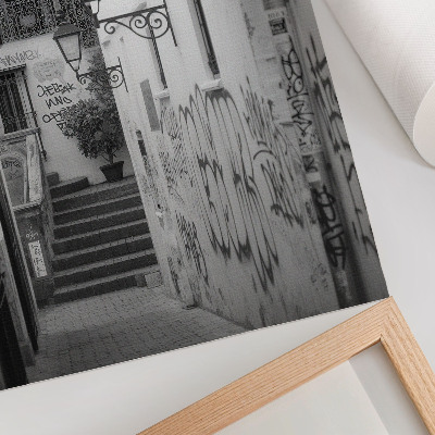 Foto su tela Strada in bianco e nero con graffiti e lampioni.