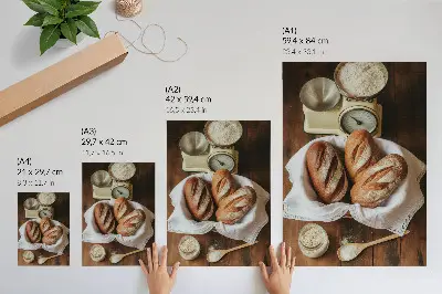 Stampa su tela con cesto del pane, scala, farina e superficie in legno