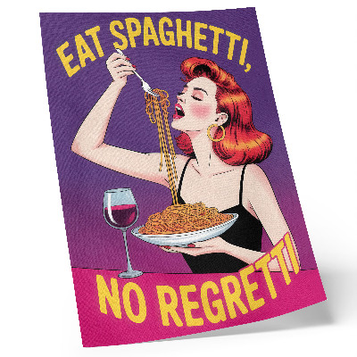 Poster Donna dai colori sgargianti che mangia spaghetti con il vino