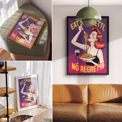 Poster Donna dai colori sgargianti che mangia spaghetti con il vino