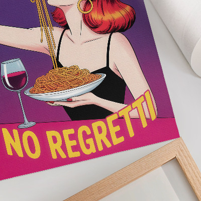 Poster Donna dai colori sgargianti che mangia spaghetti con il vino