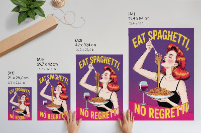 Poster Donna dai colori sgargianti che mangia spaghetti con il vino