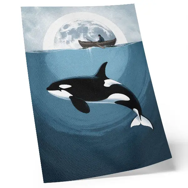 Poster orca sott'acqua con barca e luna sullo sfondo