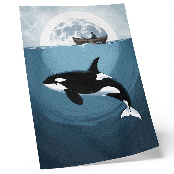 Poster Orca sott'acqua, figura su una barca, luna sullo sfondo.
