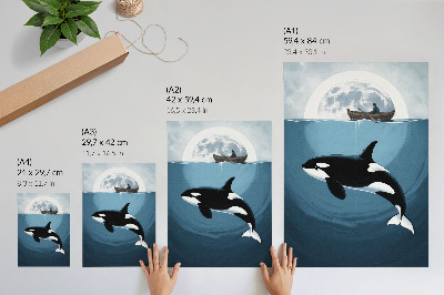 Poster Orca sott'acqua, figura su una barca, luna sullo sfondo.