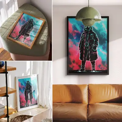 Stampa su tela figura futuristica stagliata contro un cielo dai colori intensi