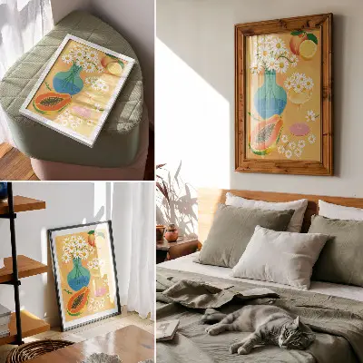 Poster con frutti succosi e margherite colorate in stile illustrativo