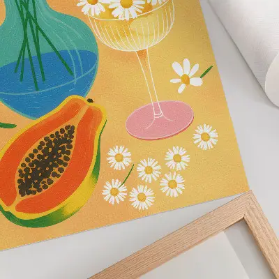 Poster con frutti succosi e margherite colorate in stile illustrativo