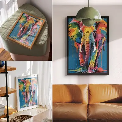 Foto su tela elefante con colori vivaci e contrasti intensi