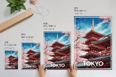 Poster architettura della pagoda con fiori rosa e armonia