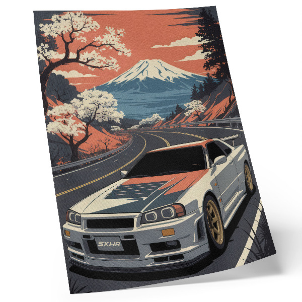 Poster Scena dinamica tra montagne e auto sportive