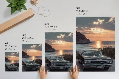 Foto su tela auto retrò al tramonto sul mare dall'atmosfera nostalgica