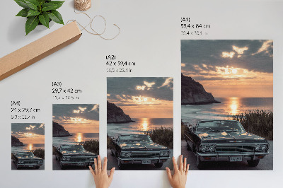 Foto su tela Auto retrò tramonto mare nostalgico