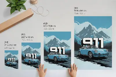 Stampa su tela auto d'epoca con sfondo montano e scritta grande