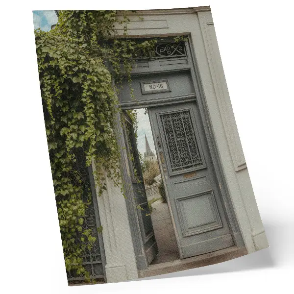 Poster porta antica ricoperta d'edera su un sentiero misterioso