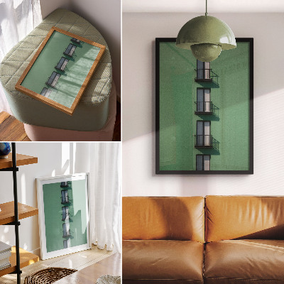 Foto su tela Finestre della facciata verde, balconi, ombre, moderno