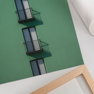 Foto su tela Finestre della facciata verde, balconi, ombre, moderno