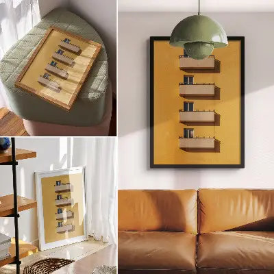 Poster facciata gialla con quattro balconi in stile minimalista