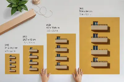 Poster facciata gialla con quattro balconi in stile minimalista