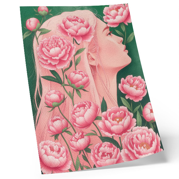 Stampa su tela Una donna tra peonie rosa su uno sfondo verde