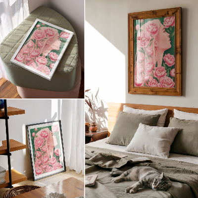 Stampa su tela Una donna tra peonie rosa su uno sfondo verde