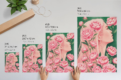 Stampa su tela Una donna tra peonie rosa su uno sfondo verde