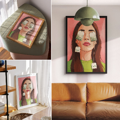 Foto su tela Sfondo colorato con dettagli verdi e una figura con il tè