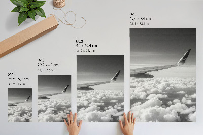 Stampa su tela Ala di aereo sopra le nuvole, stile in bianco e nero