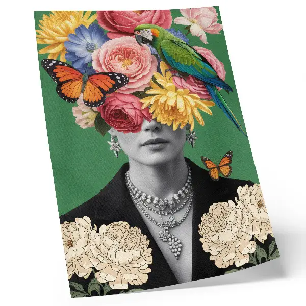 Poster con fiori, uccelli, farfalle e figure eleganti in stile surrealista
