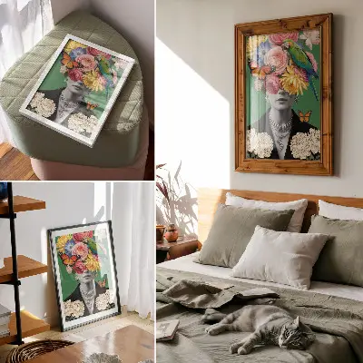 Poster con fiori, uccelli, farfalle e figure eleganti in stile surrealista