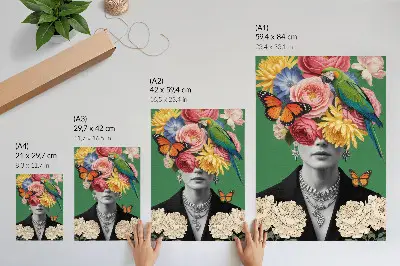 Poster con fiori, uccelli, farfalle e figure eleganti in stile surrealista