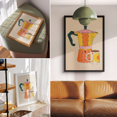 Foto su tela Caffettiera e tazza geometriche, dai colori vivaci e ottimisti.