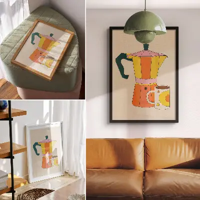 Foto su tela con caffettiera e tazza geometriche dai colori vivaci e ottimisti
