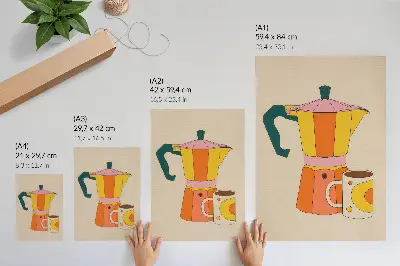 Foto su tela con caffettiera e tazza geometriche dai colori vivaci e ottimisti