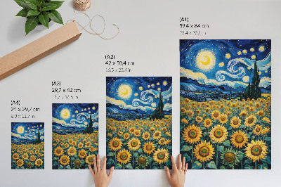 Foto su tela Un campo di girasoli sotto un cielo stellato