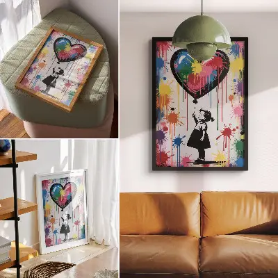 Poster figura in bianco e nero con cuore colorato in stile graffiti