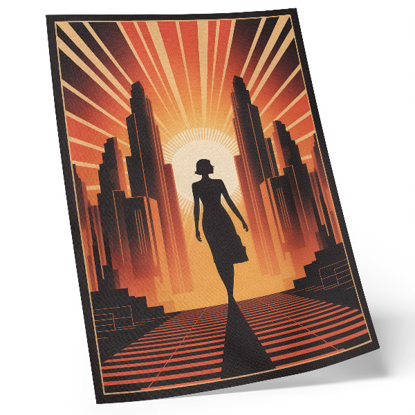 Stampa su tela Silhouette della città, donna illuminata da luce arancione