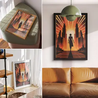 Stampa su tela silhouette della città con donna illuminata da luce arancione