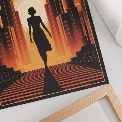 Stampa su tela Silhouette della città, donna illuminata da luce arancione
