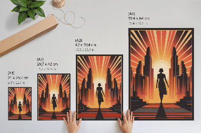 Stampa su tela Silhouette della città, donna illuminata da luce arancione