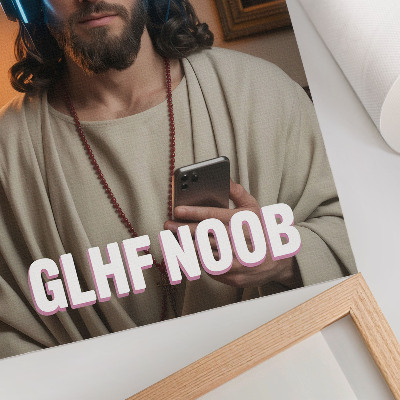 Foto su tela Uomo con cuffie, smartphone, iscrizione del rosario