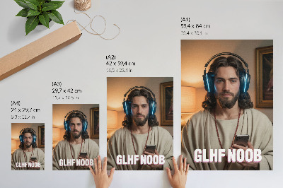 Foto su tela Uomo con cuffie, smartphone, iscrizione del rosario