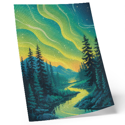 Poster Aurora boreale sullo sfondo della foresta e del fiume, colori armoniosi
