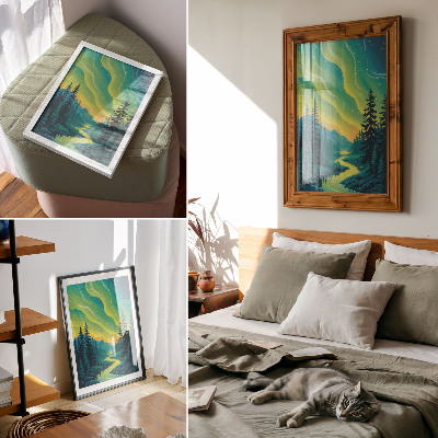 Poster Aurora boreale sullo sfondo della foresta e del fiume, colori armoniosi