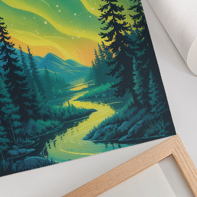 Poster Aurora boreale sullo sfondo della foresta e del fiume, colori armoniosi
