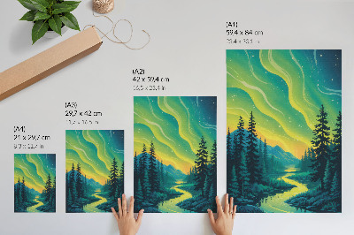 Poster Aurora boreale sullo sfondo della foresta e del fiume, colori armoniosi