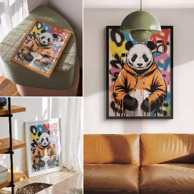 Stampa su tela panda con felpa e graffiti in stile street