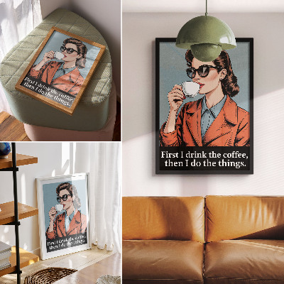 Poster Donna retrò con scritta motivazionale sul caffè