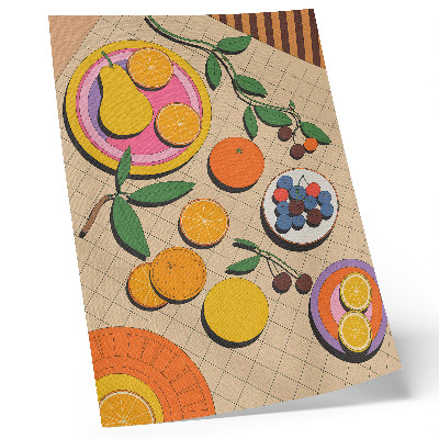 Stampa su tela Una composizione dinamica di frutta su uno sfondo geometrico.